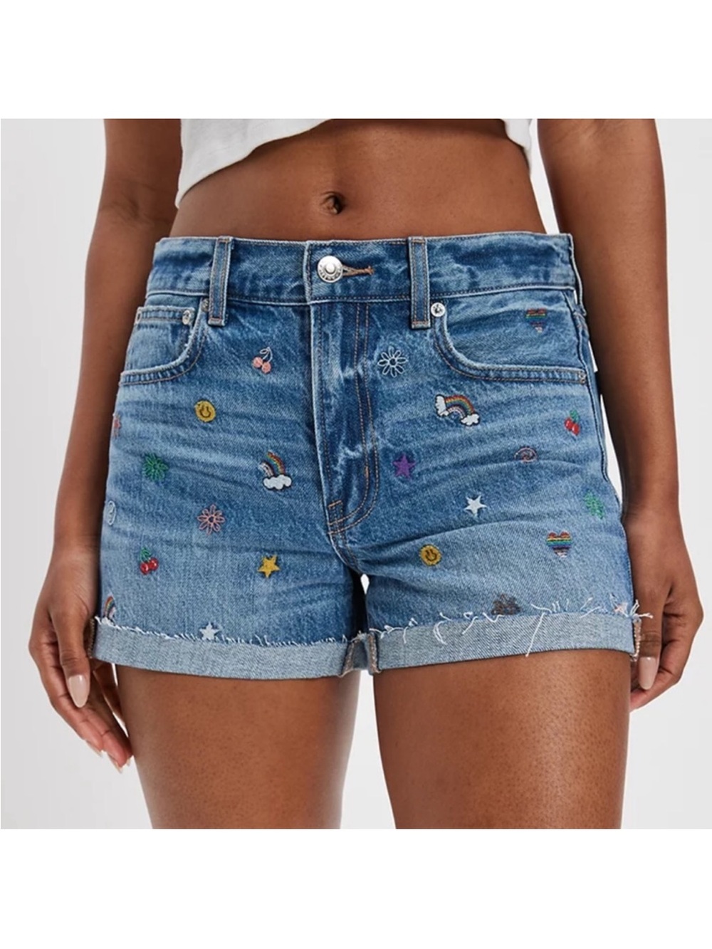 American Eagle Outfitters Blue Denim Shorts with Multicolor Embroidery (6)